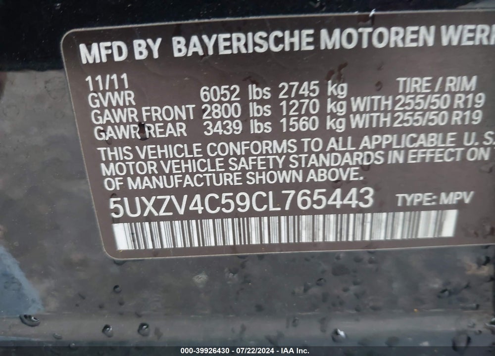 2012 BMW X5 XDRIVE35I/XDRIVE35I PREMIUM/XDRIVE35I SPORT ACTIVITY VIN: 5UXZV4C59CL765443