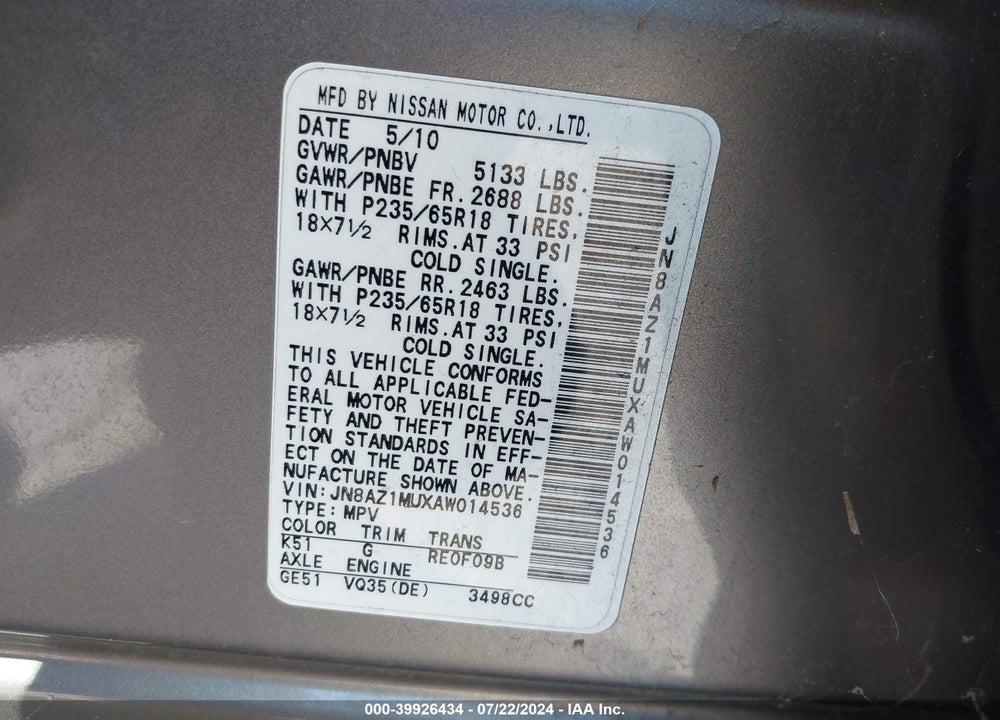 2010 NISSAN MURANO SL VIN: JN8AZ1MUXAW014536