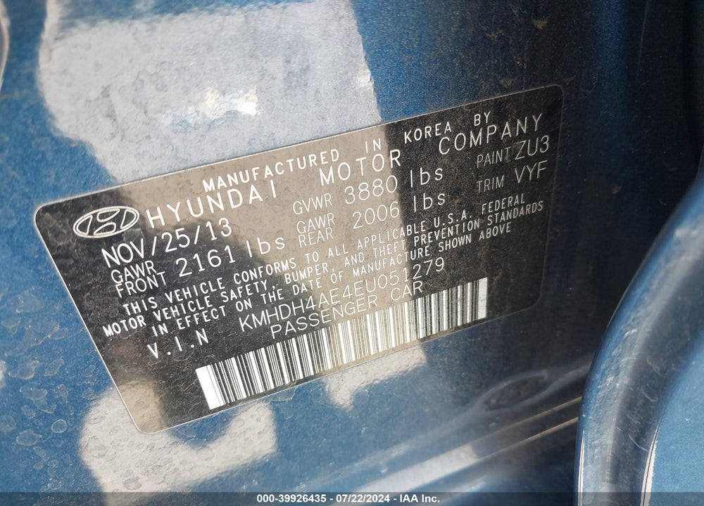 2014 HYUNDAI ELANTRA SE VIN: KMHDH4AE4EU051279
