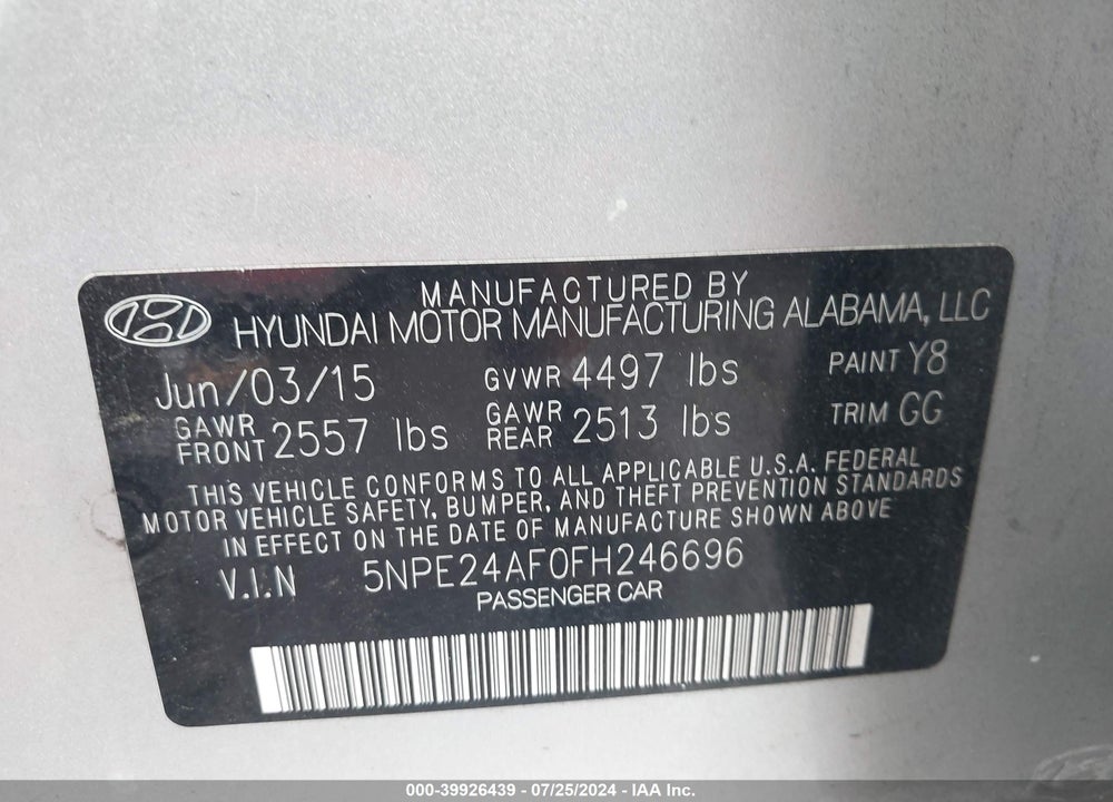 2015 HYUNDAI SONATA SE VIN: 5NPE24AF0FH246696