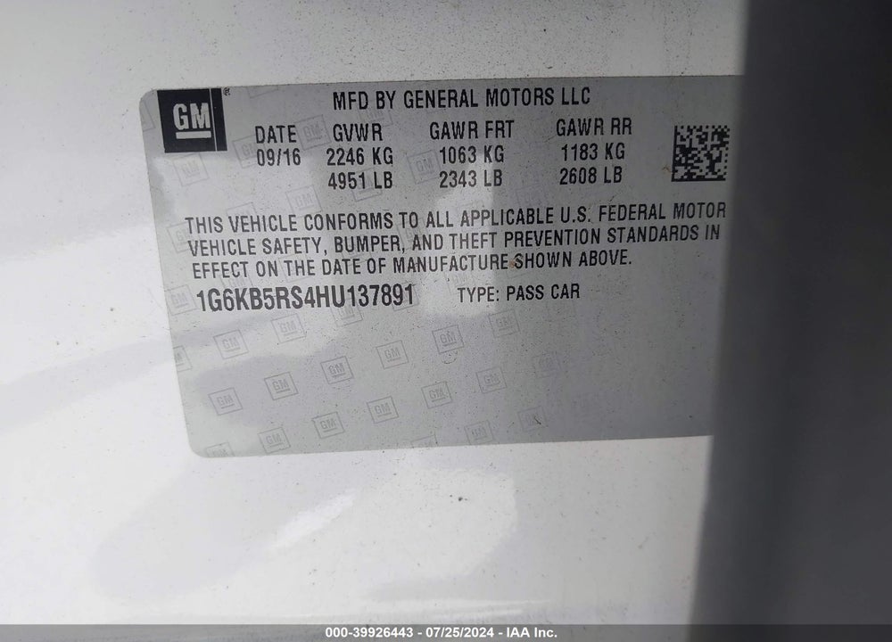 2017 CADILLAC CT6 VIN: 1G6KB5RS4HU137891