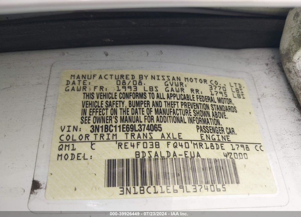 2009 NISSAN VERSA 1.8S VIN: 3N1BC11E69L374065