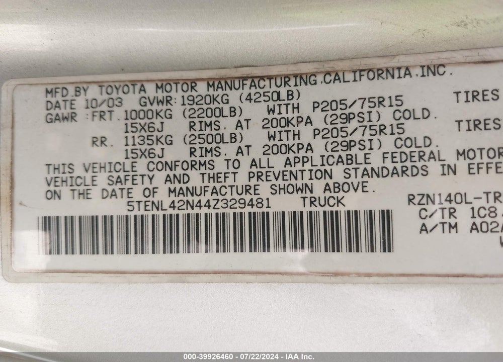 2004 TOYOTA TACOMA VIN: 5TENL42N44Z329481