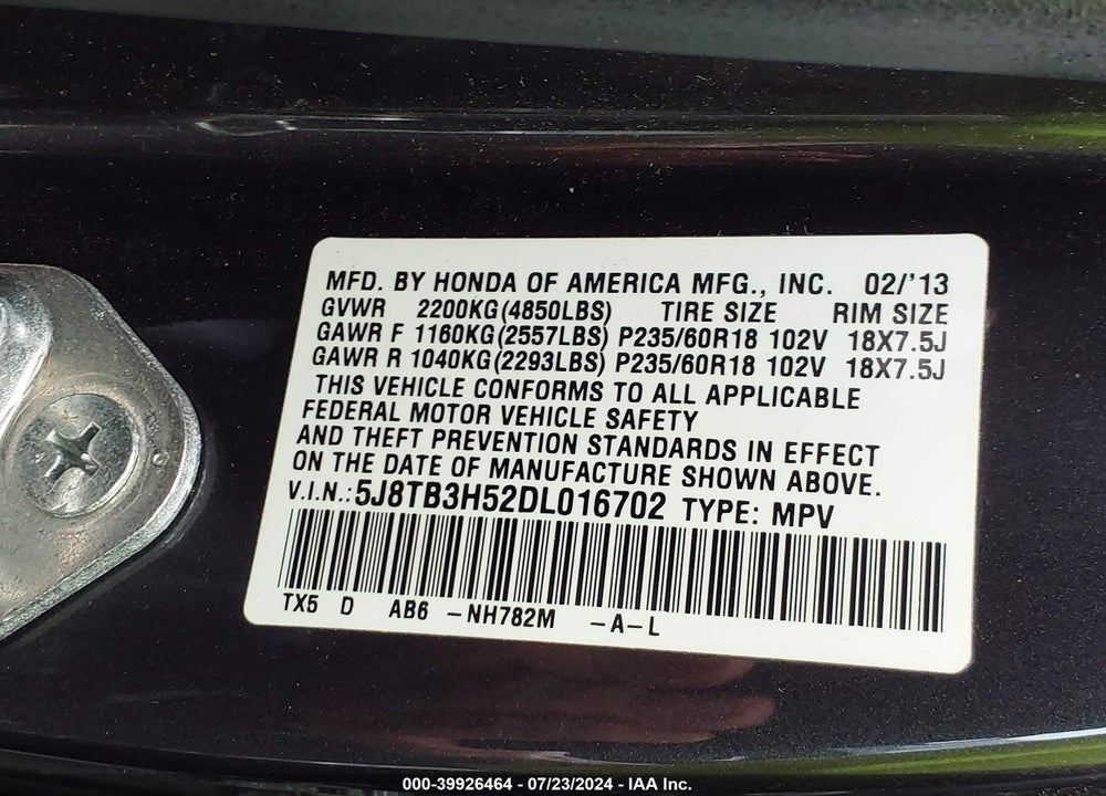 2013 ACURA RDX VIN: 5J8TB3H52DL016702