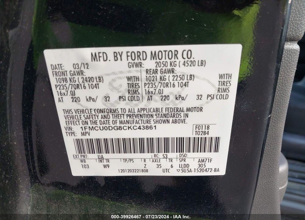 2012 FORD ESCAPE VIN: 1FMCU0DG8CKC43861