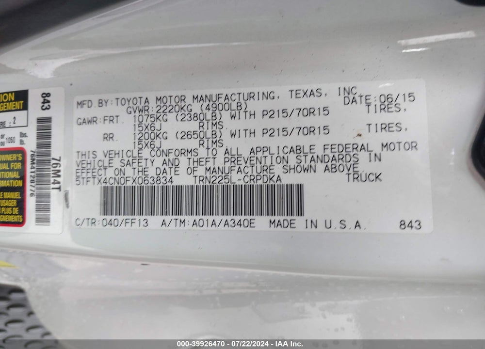 2015 TOYOTA TACOMA VIN: 5TFTX4CN0FX063834