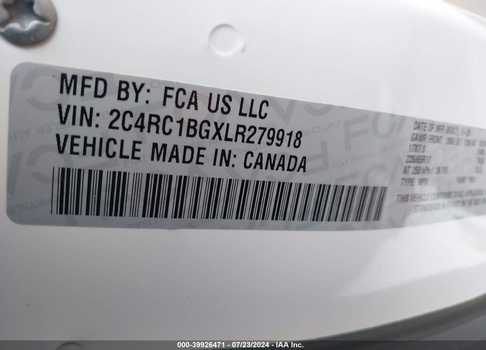 2020 CHRYSLER PACIFICA TOURING L VIN: 2C4RC1BGXLR279918