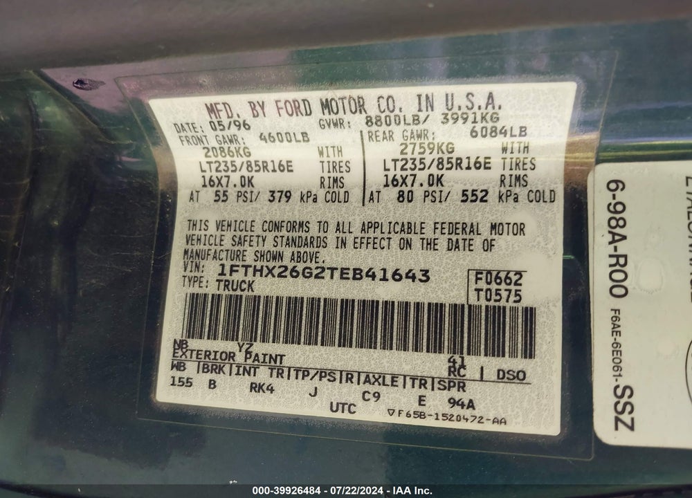 1996 FORD F250 VIN: 1FTHX26G2TEB41643