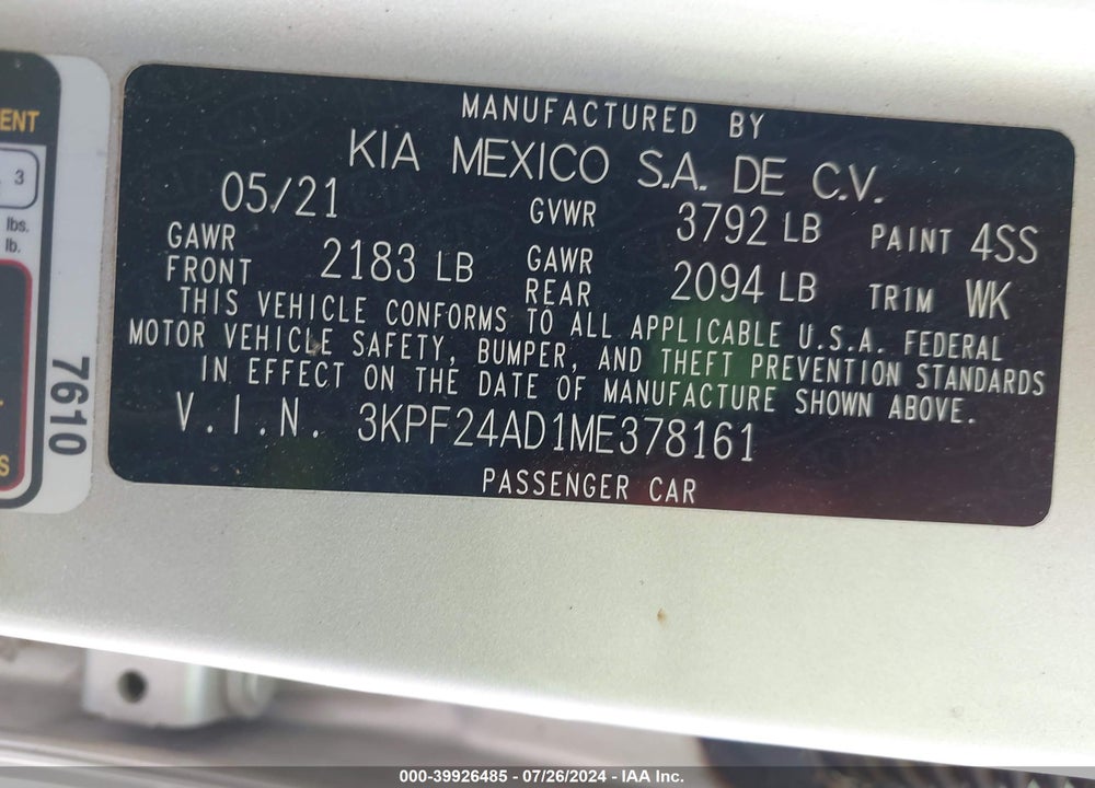 2021 KIA FORTE LXS VIN: 3KPF24AD1ME378161
