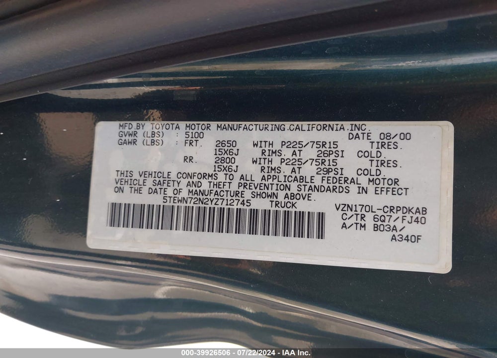 2000 TOYOTA TACOMA BASE V6 VIN: 5TEWN72N2YZ712745
