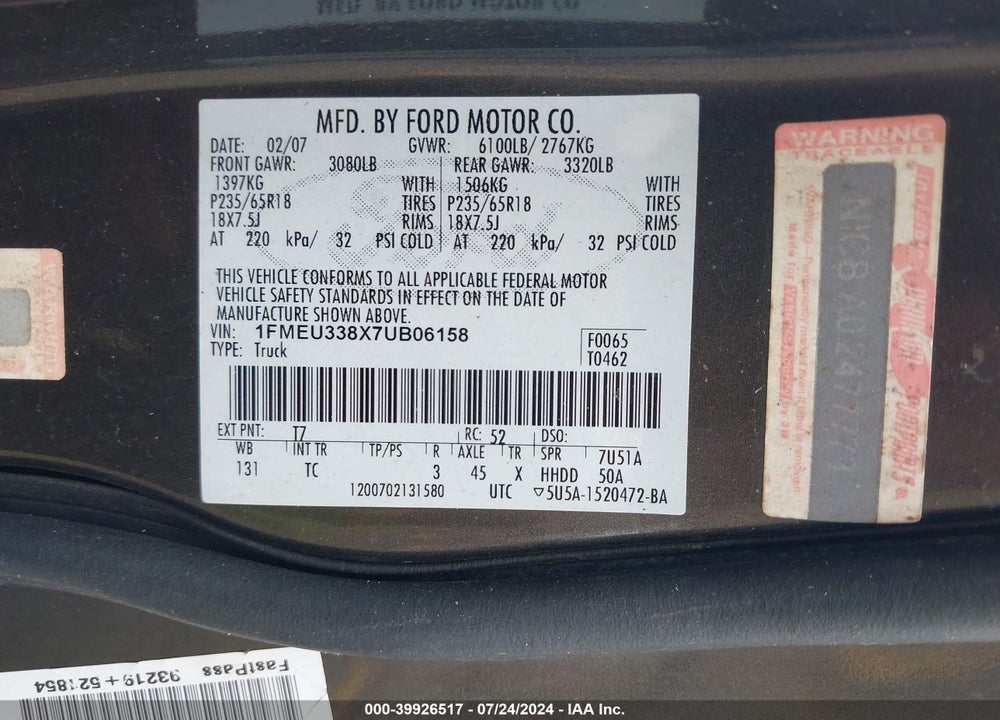 2007 FORD EXPLORER SPORT TRAC LIMITED VIN: 1FMEU338X7UB06158