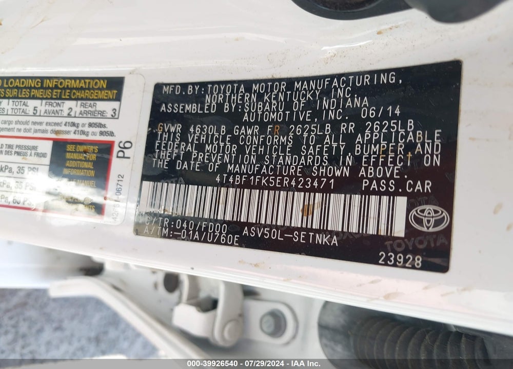2014 TOYOTA CAMRY LE VIN: 4T4BF1FK5ER423471