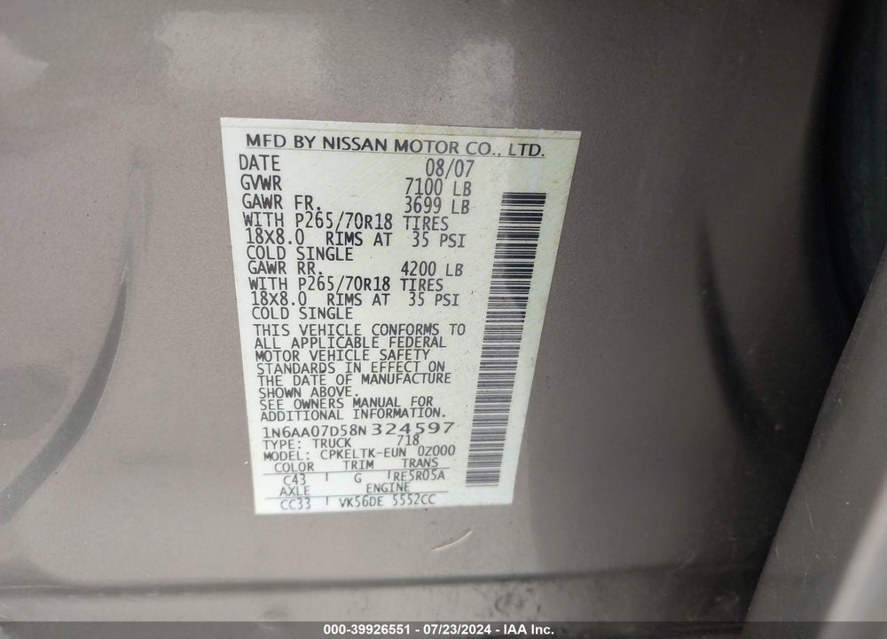 2008 NISSAN TITAN SE VIN: 1N6AA07D58N324597