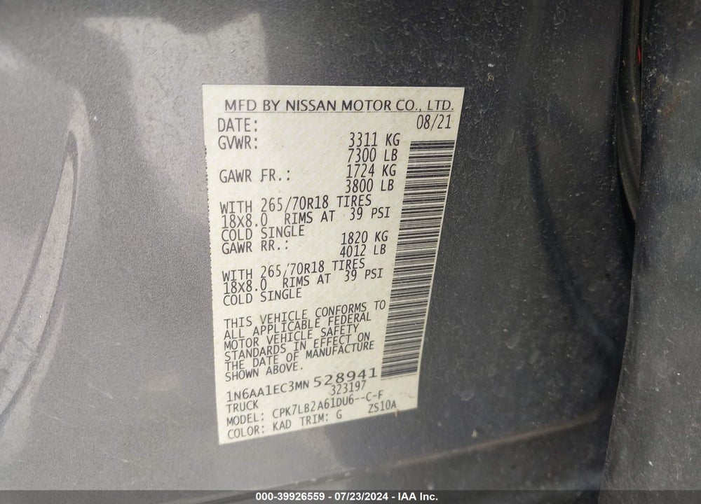 2021 NISSAN TITAN SV 4X4 VIN: 1N6AA1EC3MN528941