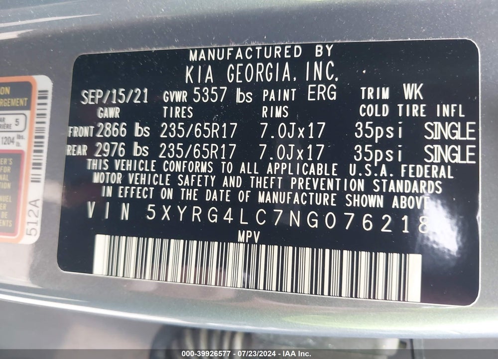 2022 KIA SORENTO LX VIN: 5XYRG4LC7NG076218