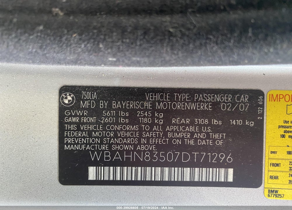 2007 BMW 750LI VIN: WBAHN83507DT71296