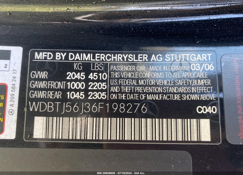 2006 MERCEDES-BENZ CLK 350 VIN: WDBTJ56J36F198276