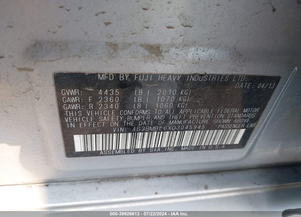 2013 SUBARU LEGACY 2.5I LIMITED VIN: 4S3BMBL6XD3045945