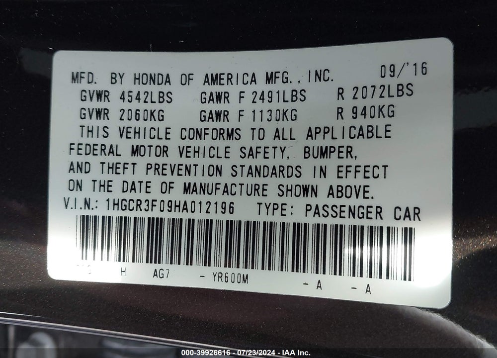 2017 HONDA ACCORD EX-L V6 VIN: 1HGCR3F09HA012196