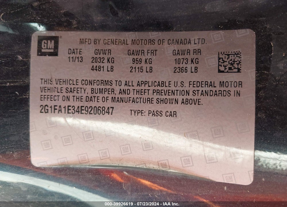 2014 CHEVROLET CAMARO 2LS VIN: 2G1FA1E34E9206847
