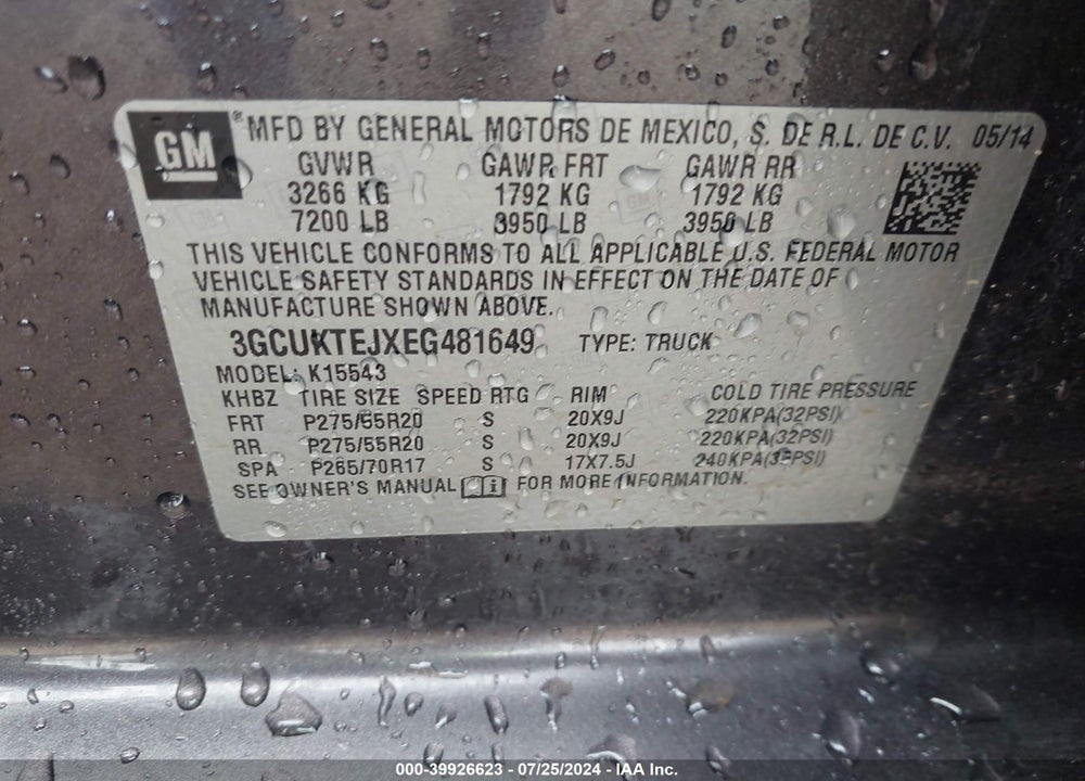 2014 CHEVROLET SILVERADO 1500 HIGH COUNTRY VIN: 3GCUKTEJXEG481649