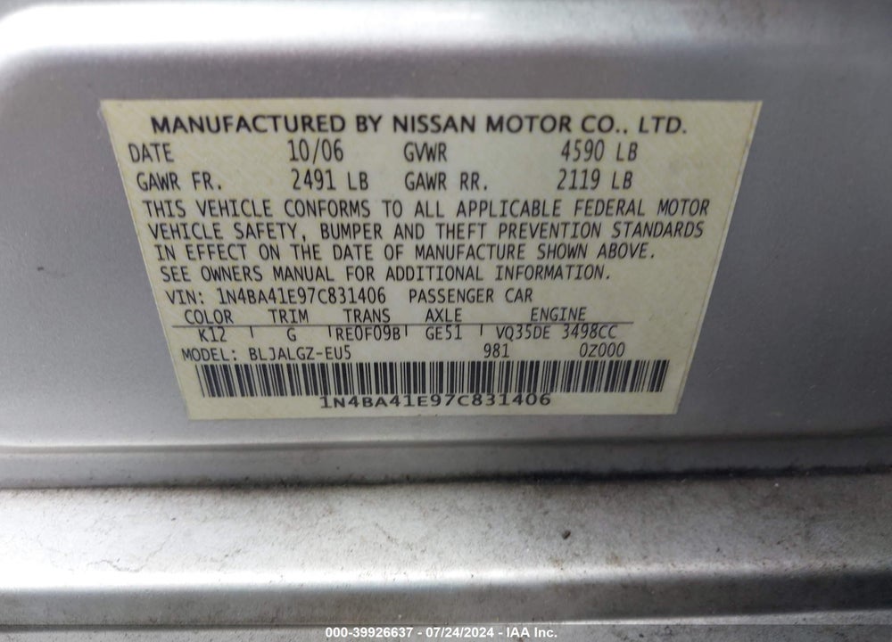 2007 NISSAN MAXIMA 3.5 SL VIN: 1N4BA41E97C831406