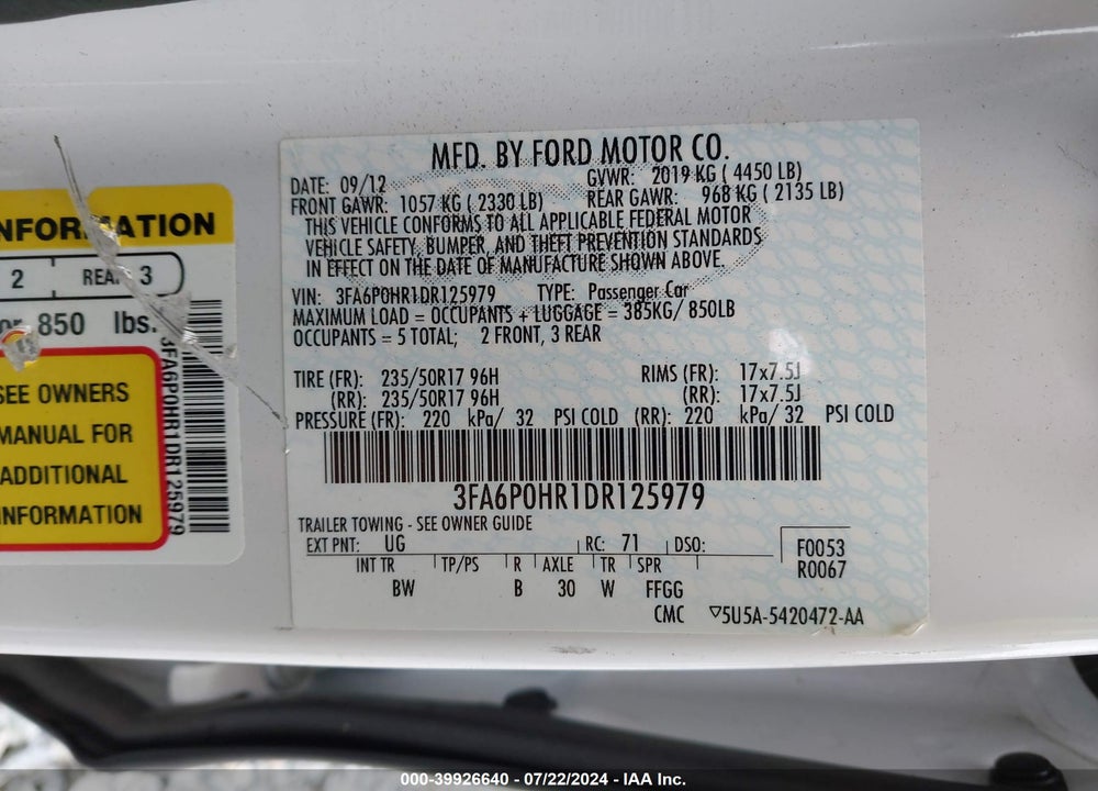 2013 FORD FUSION SE VIN: 3FA6P0HR1DR125979