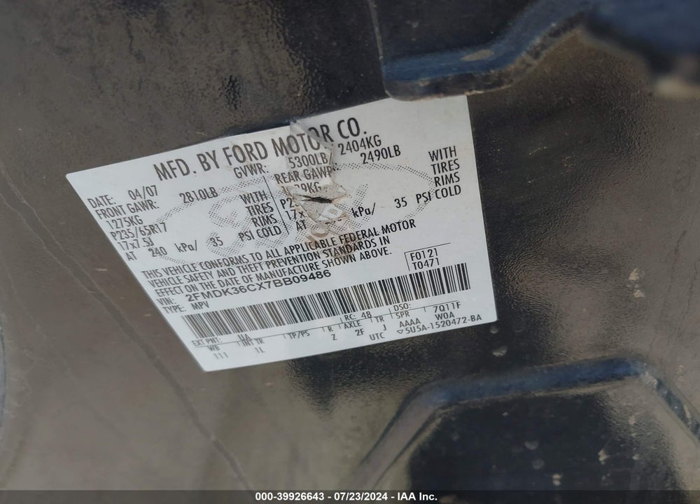 2007 FORD EDGE SE VIN: 2FMDK36CX7BB09486
