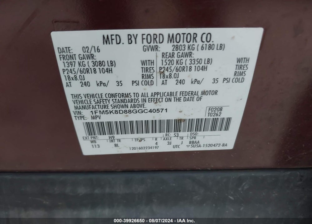 2016 FORD EXPLORER XLT VIN: 1FM5K8D88GGC40571