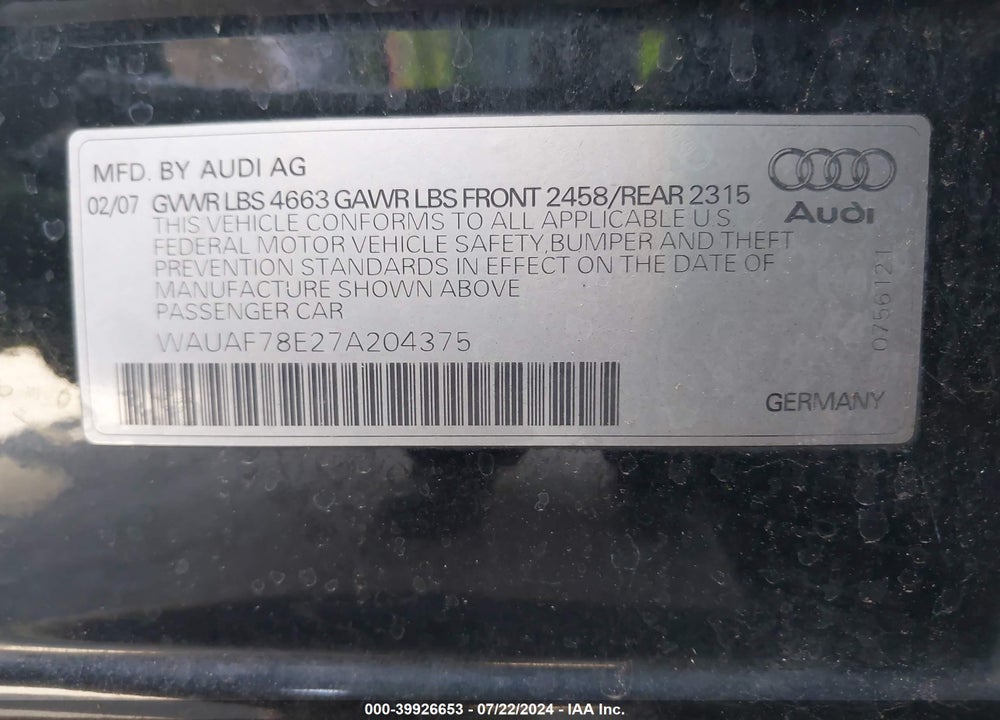 2007 AUDI A4 2.0T VIN: WAUAF78E27A204375