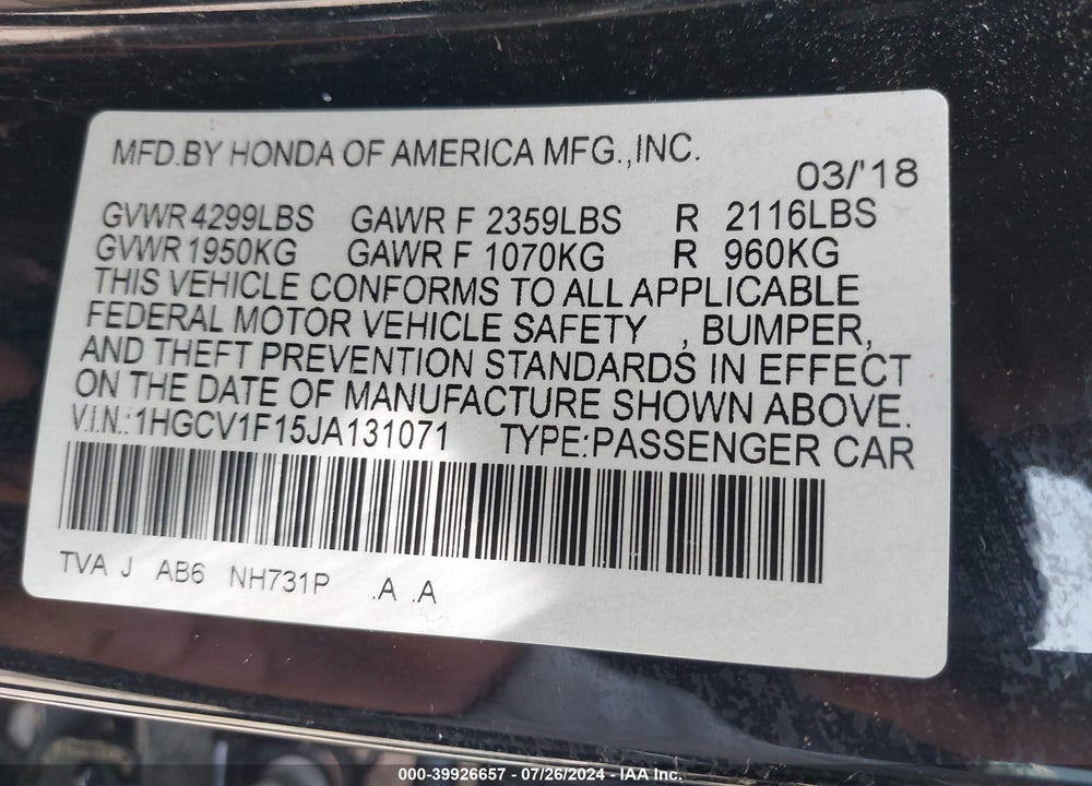 2018 HONDA ACCORD LX VIN: 1HGCV1F15JA131071