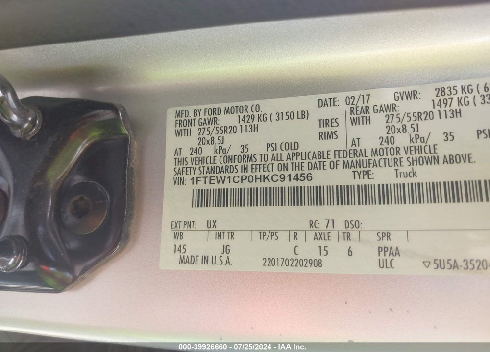 2017 FORD F-150 XL VIN: 1FTEW1CP0HKC91456