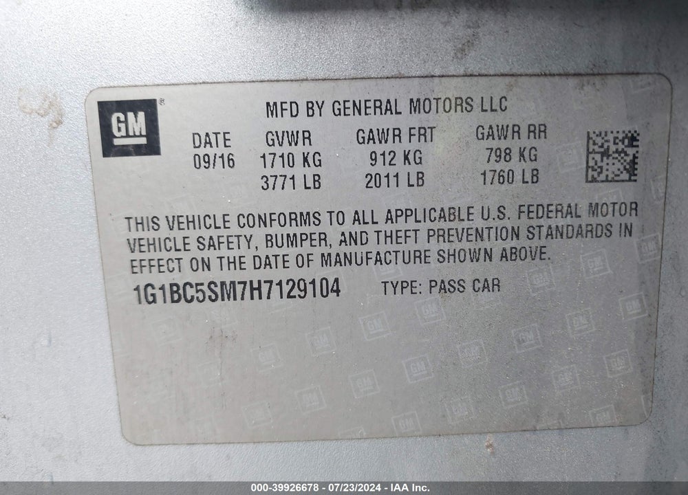 2017 CHEVROLET CRUZE VIN: 1G1BC5SM7H7129104