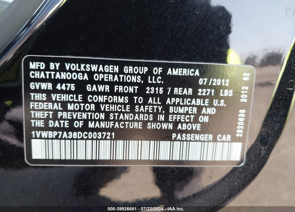 2013 VOLKSWAGEN PASSAT 2.5L SE VIN: 1VWBP7A36DC003721