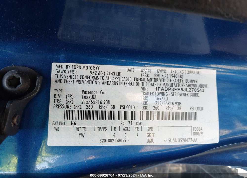 2018 FORD FOCUS SE VIN: 1FADP3FE5JL270543