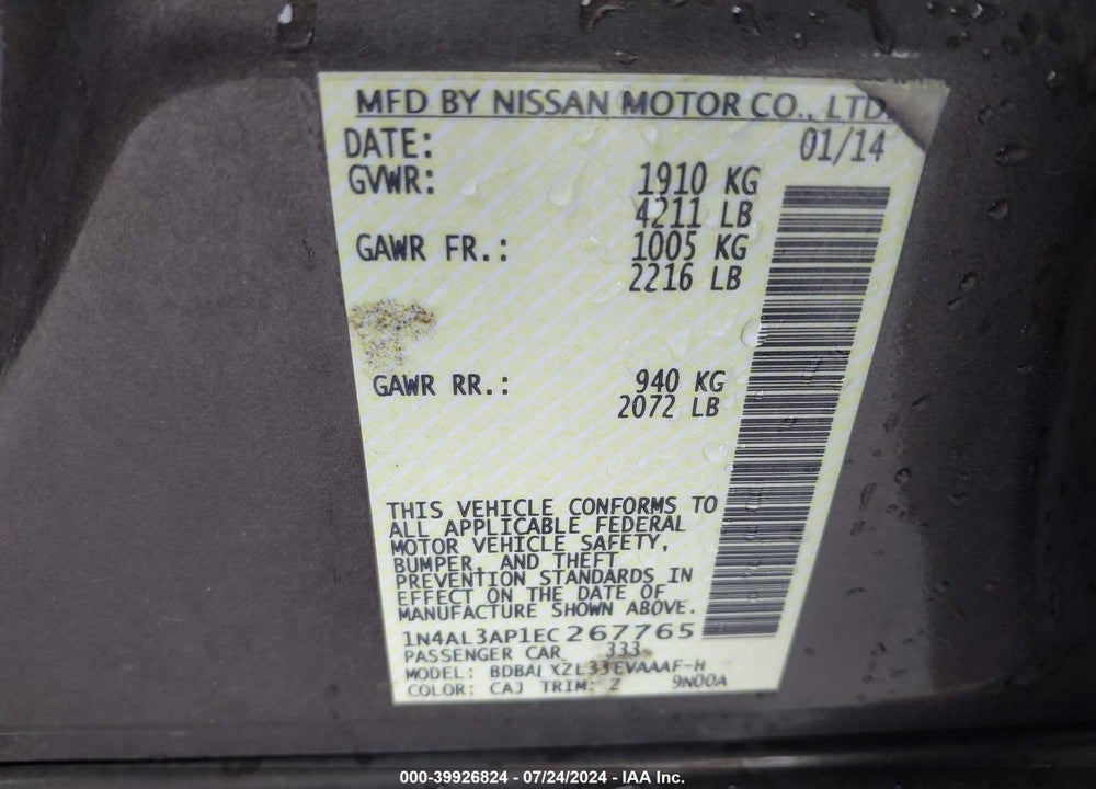 2014 NISSAN ALTIMA 2.5 SL VIN: 1N4AL3AP1EC267765