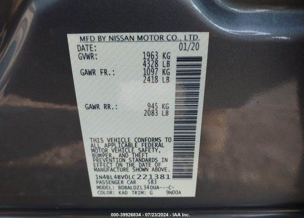 2020 NISSAN ALTIMA S FWD VIN: 1N4BL4BV0LC221381