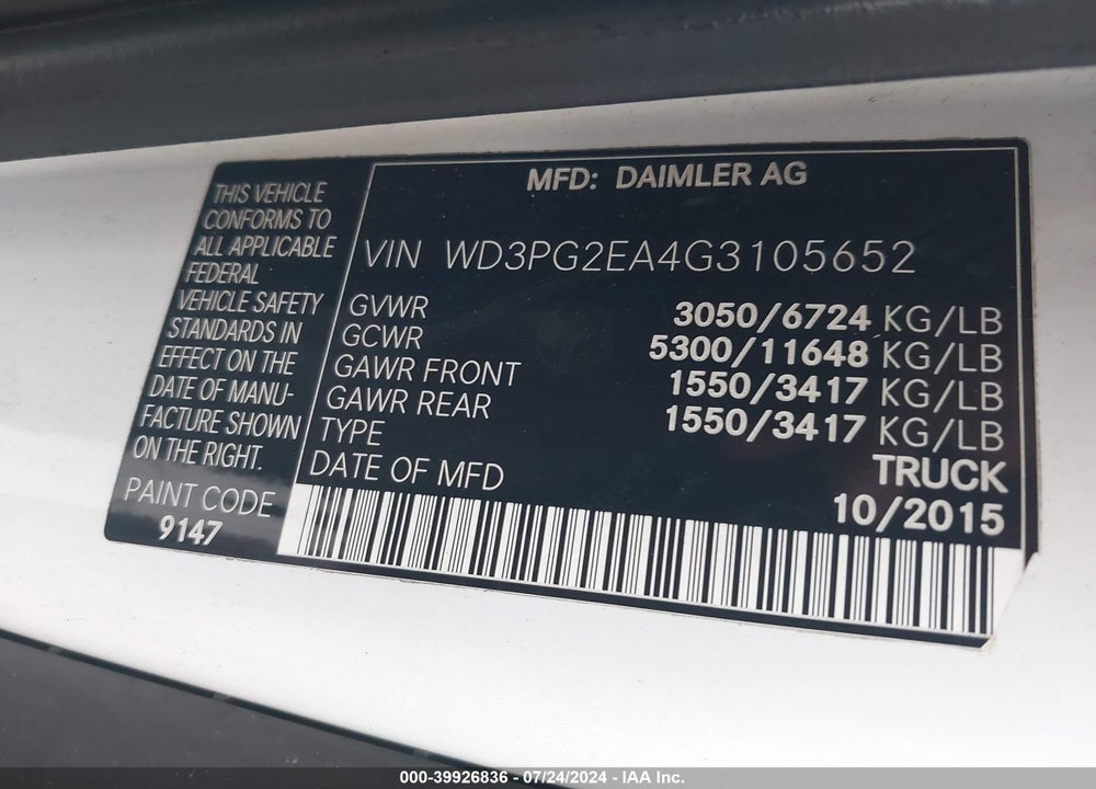 2016 MERCEDES-BENZ METRIS VIN: WD3PG2EA4G3105652