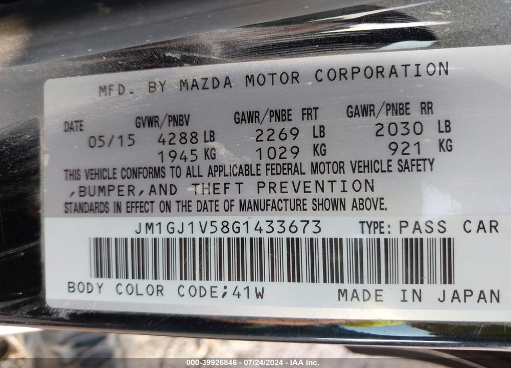 2016 MAZDA 6 I TOURING VIN: JM1GJ1V58G1433673