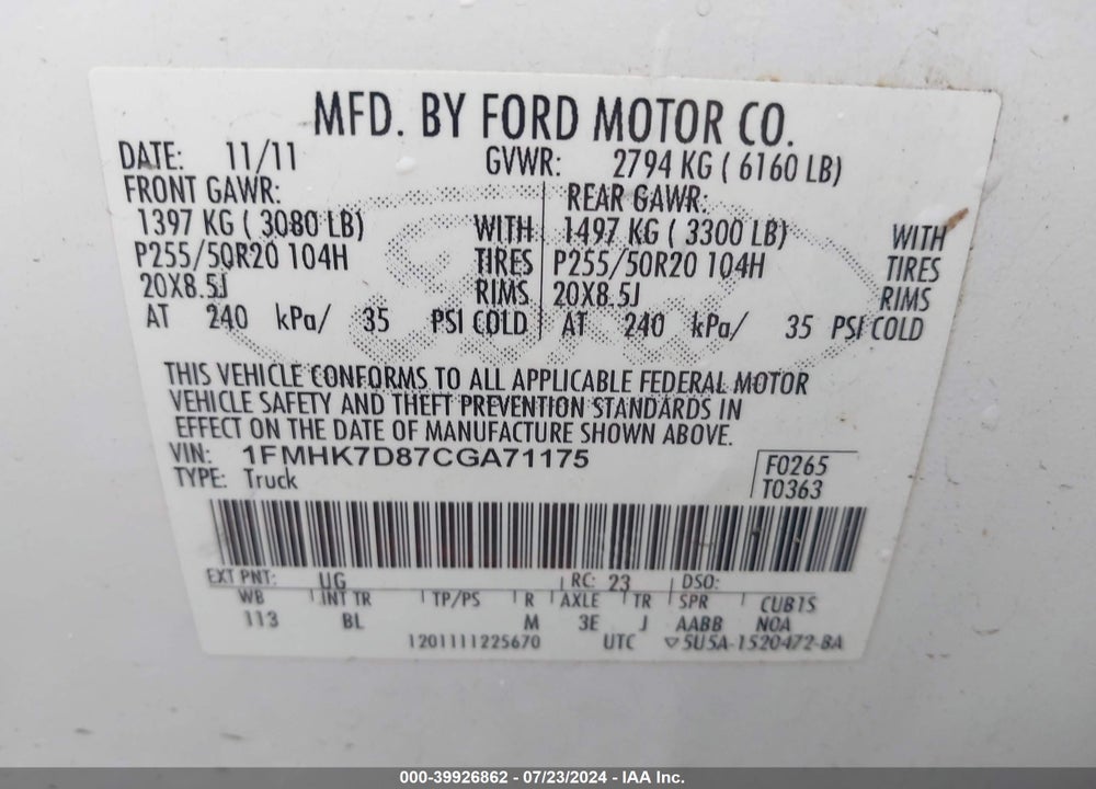 2012 FORD EXPLORER XLT VIN: 1FMHK7D87CGA71175