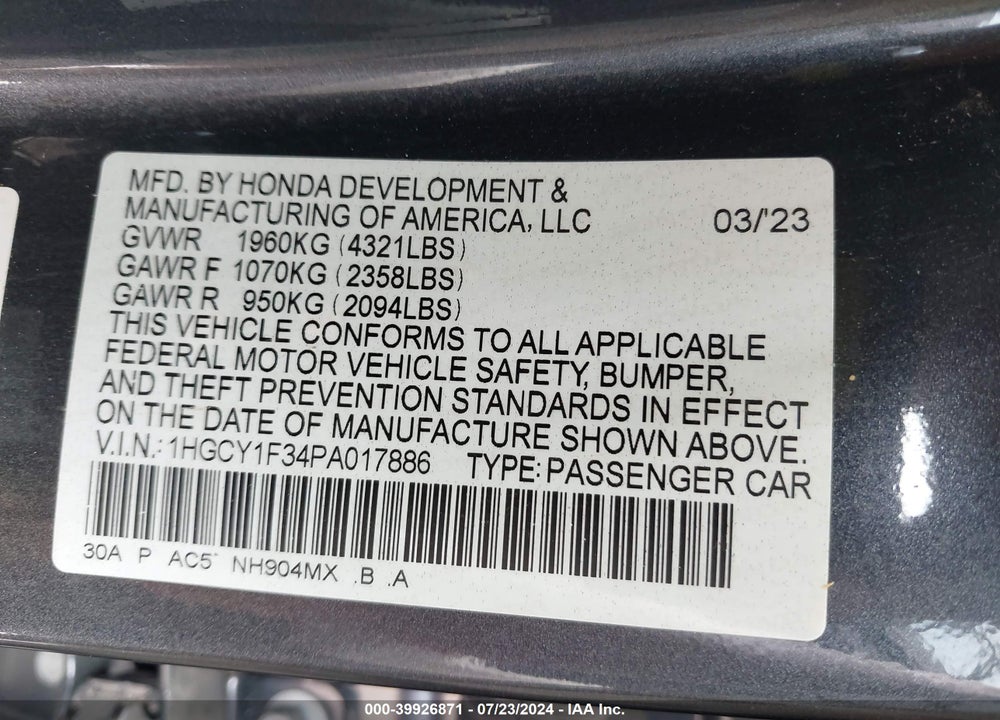 2023 HONDA ACCORD EX VIN: 1HGCY1F34PA017886