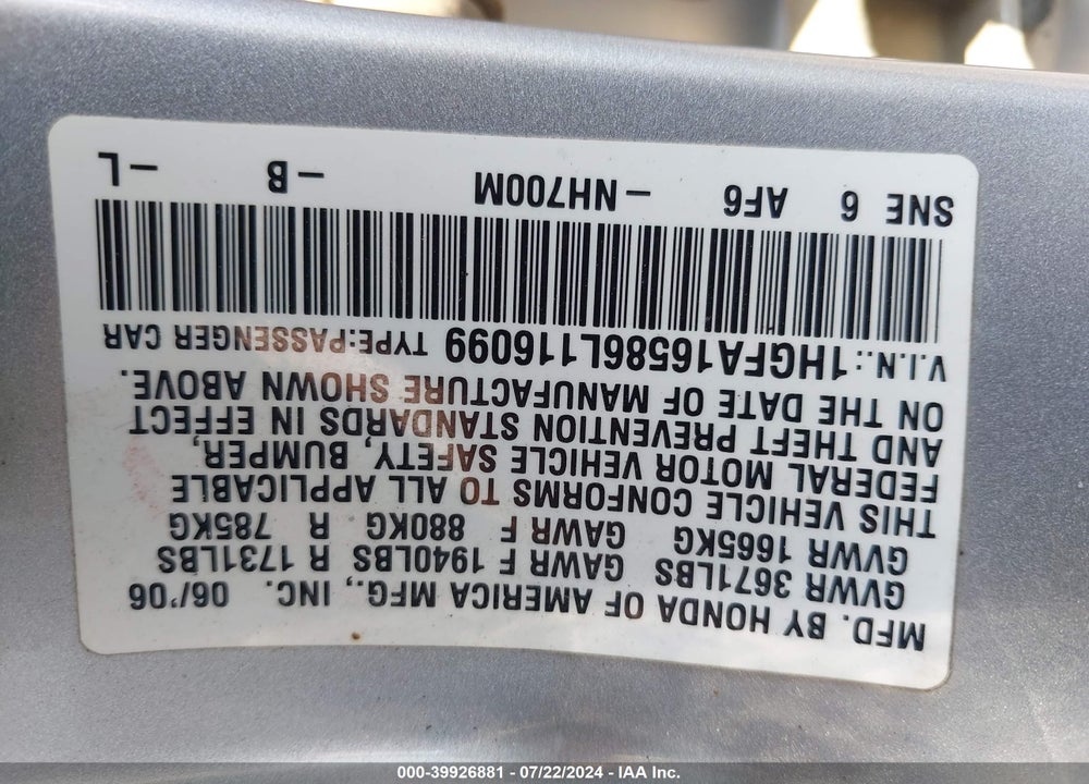 2006 HONDA CIVIC LX VIN: 1HGFA16586L116099