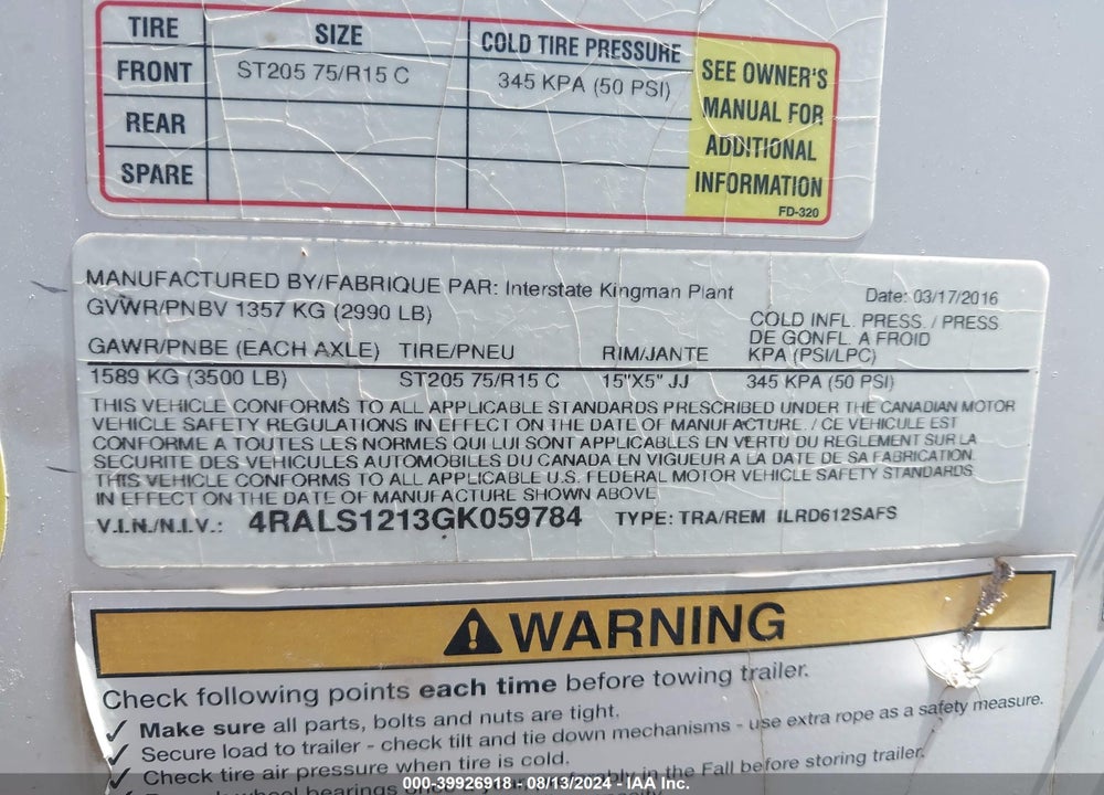 2016 INTERSTATE WEST CORP --- VIN: 4RALS1213GK059784