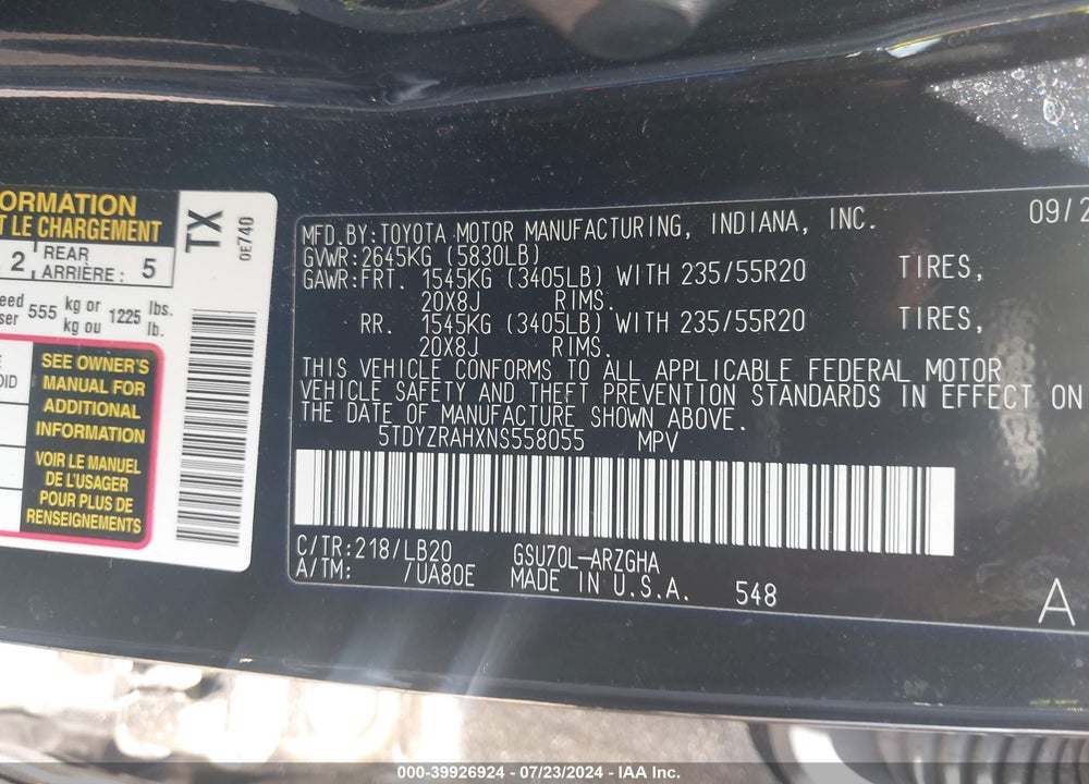 2022 TOYOTA HIGHLANDER LIMITED VIN: 5TDYZRAHXNS558055