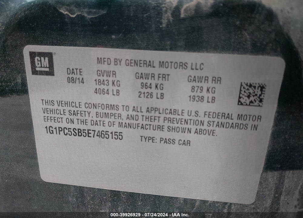 2014 CHEVROLET CRUZE 1LT AUTO VIN: 1G1PC5SB5E7465155