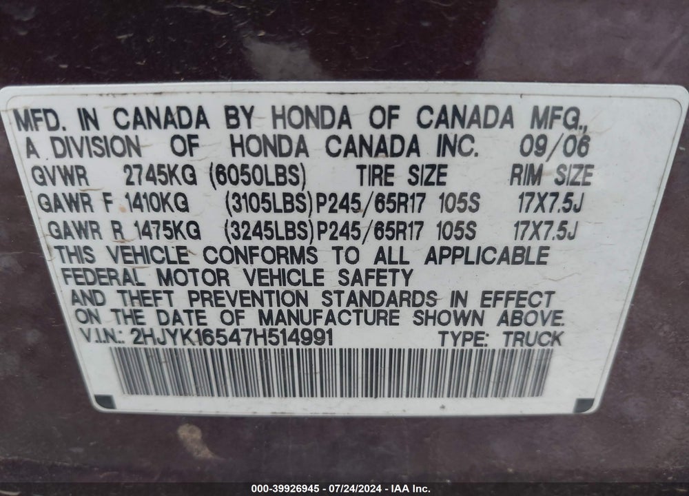 2007 HONDA RIDGELINE RTL VIN: 2HJYK16547H514991