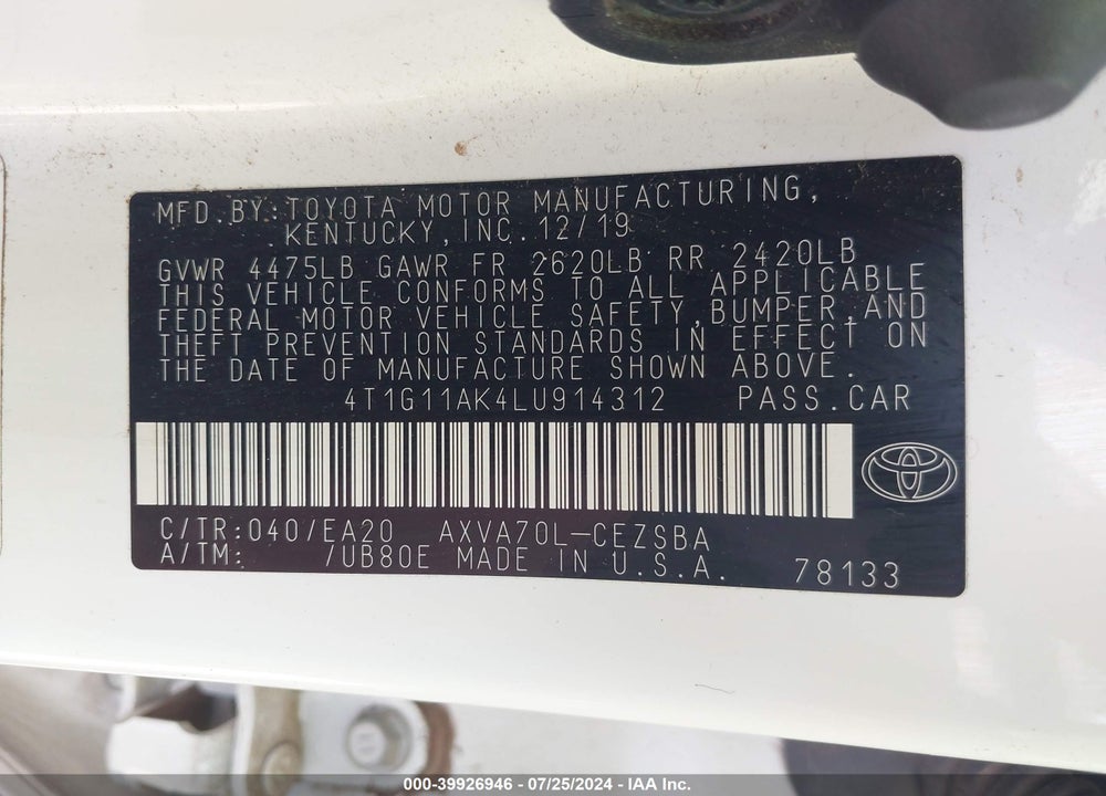2020 TOYOTA CAMRY SE VIN: 4T1G11AK4LU914312