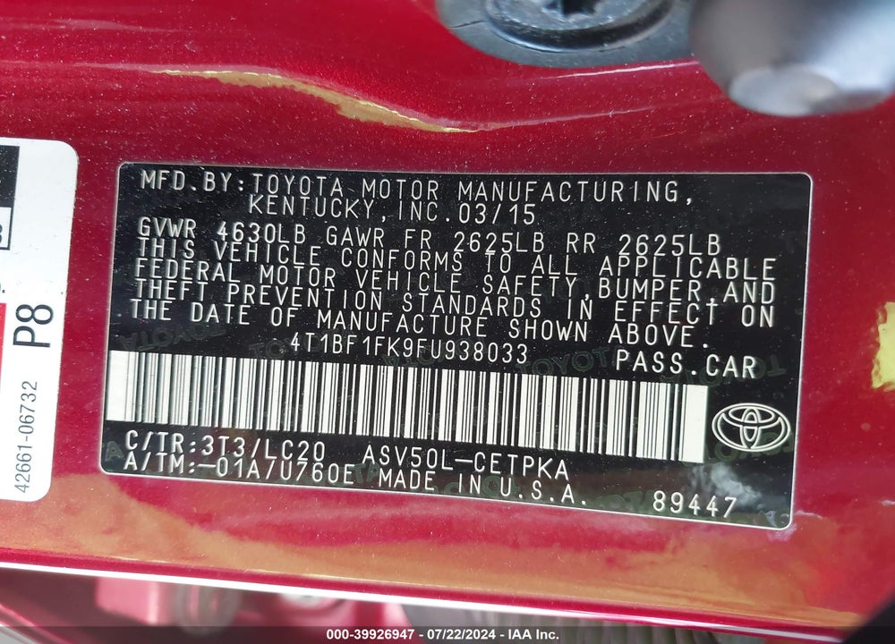 2015 TOYOTA CAMRY XSE VIN: 4T1BF1FK9FU938033
