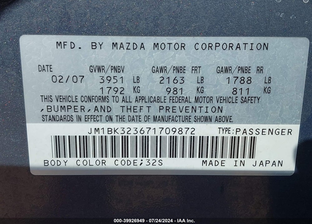 2007 MAZDA 3 S GRAND TOURING VIN: JM1BK323671709872