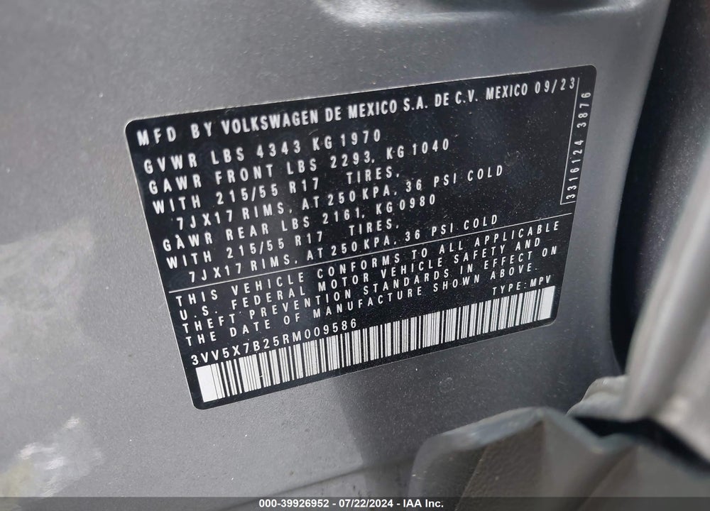 2024 VOLKSWAGEN TAOS 1.5T S VIN: 3VV5X7B25RM009586